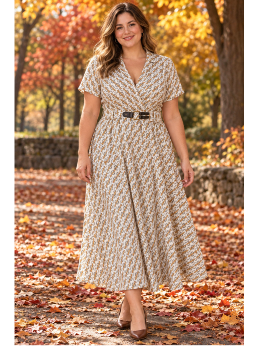 Women's Lauren Ralph Lauren Midi Dress Size 14 Beige Brown Horsebit Print